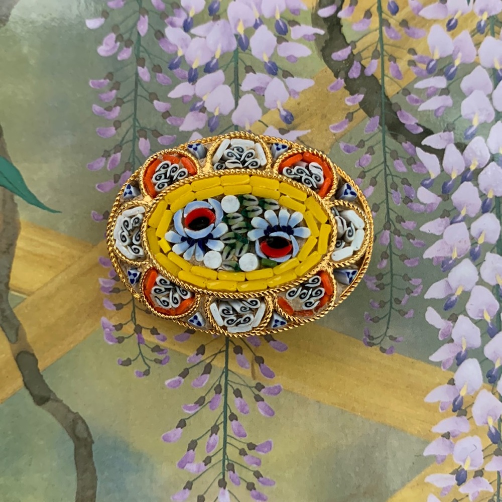 Vintage made in Italy Micro-Mosaic Floral Oval Brooch